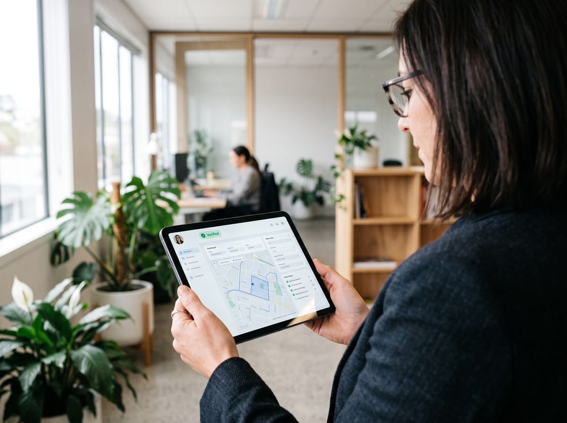 A lawyer checking a client's results and location on a tablet