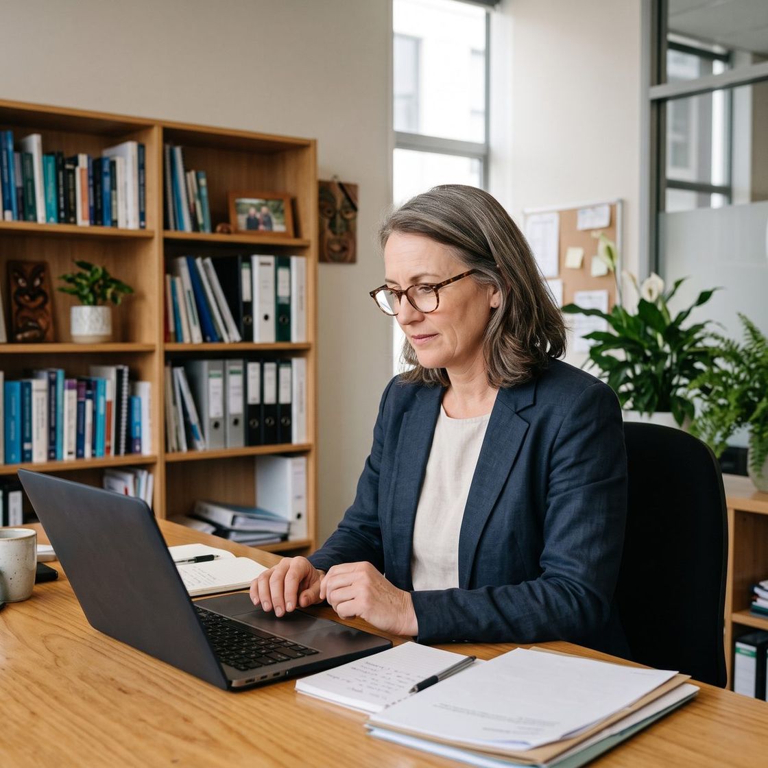 A lawyer reviewing results on her laptop