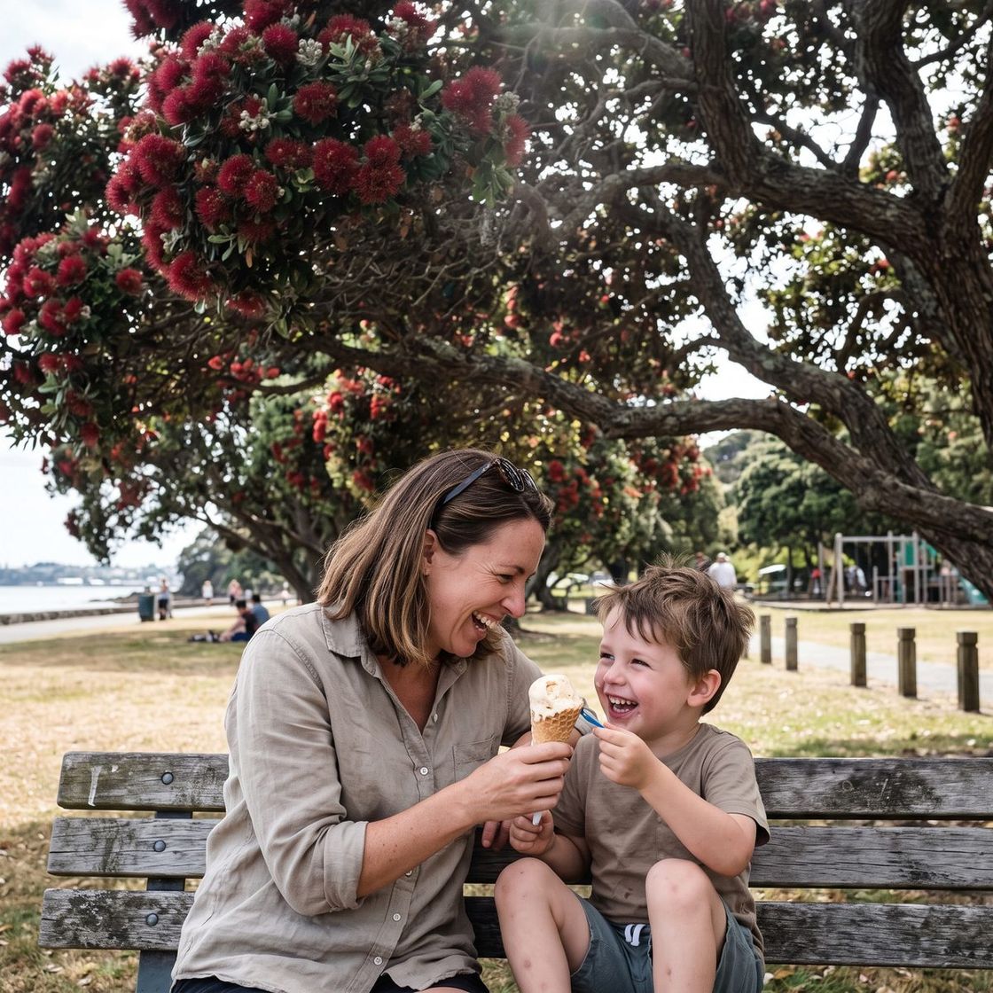 A mother and son sharing ice creams on a park bench