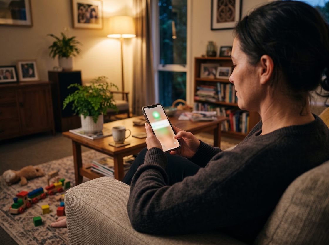 A mother at home seeing a verified result on her phone