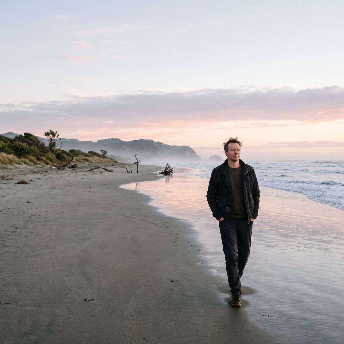 A man walking on a beach at sunrise