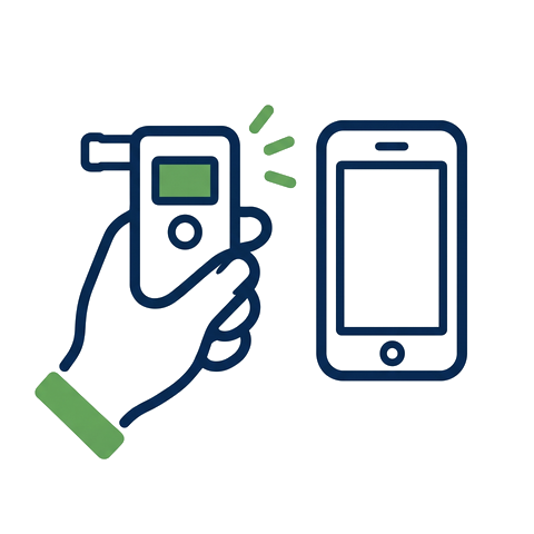 Hand holding a breathalyser beside a phone